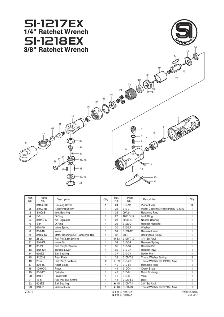 1/4" Sq. Drv. Ratchet Wrench | SI-1217EX Parts List