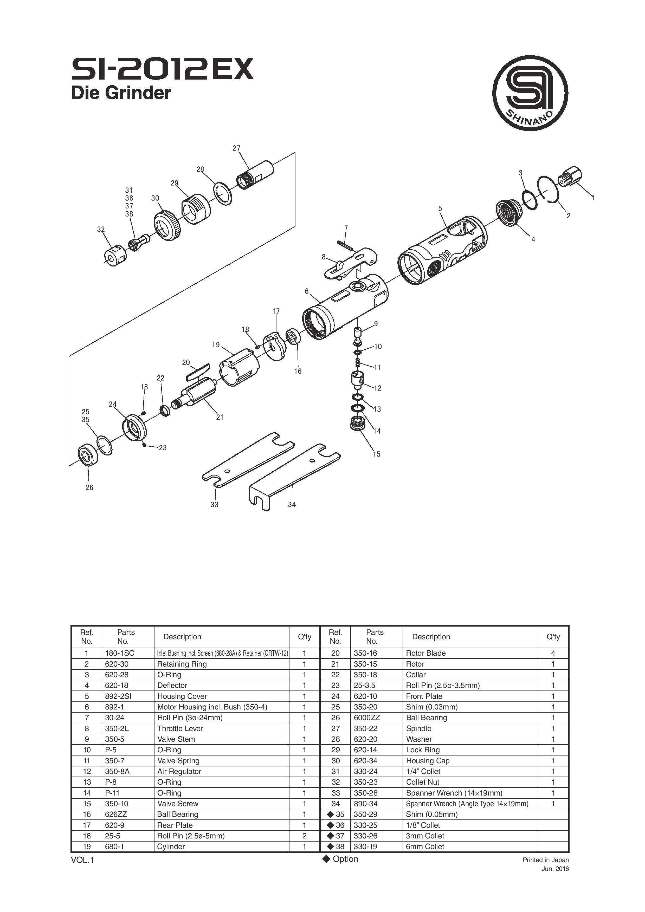 1/4" Collet Die Grinder | SI-2012EX Parts List