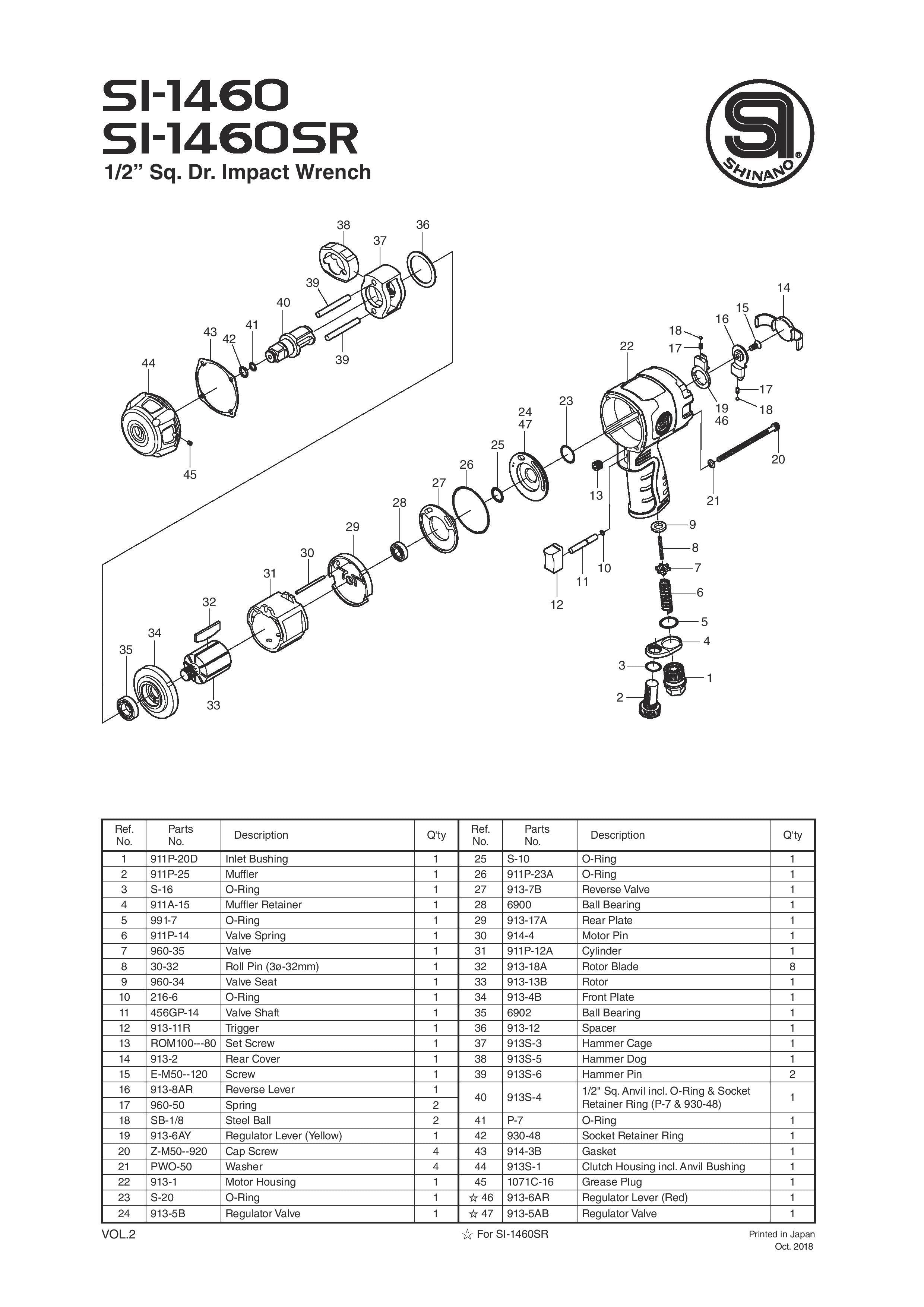 1/2" Sq. Drv. Impact Wrench  Parts List for SI-1460 & SI-1460SR