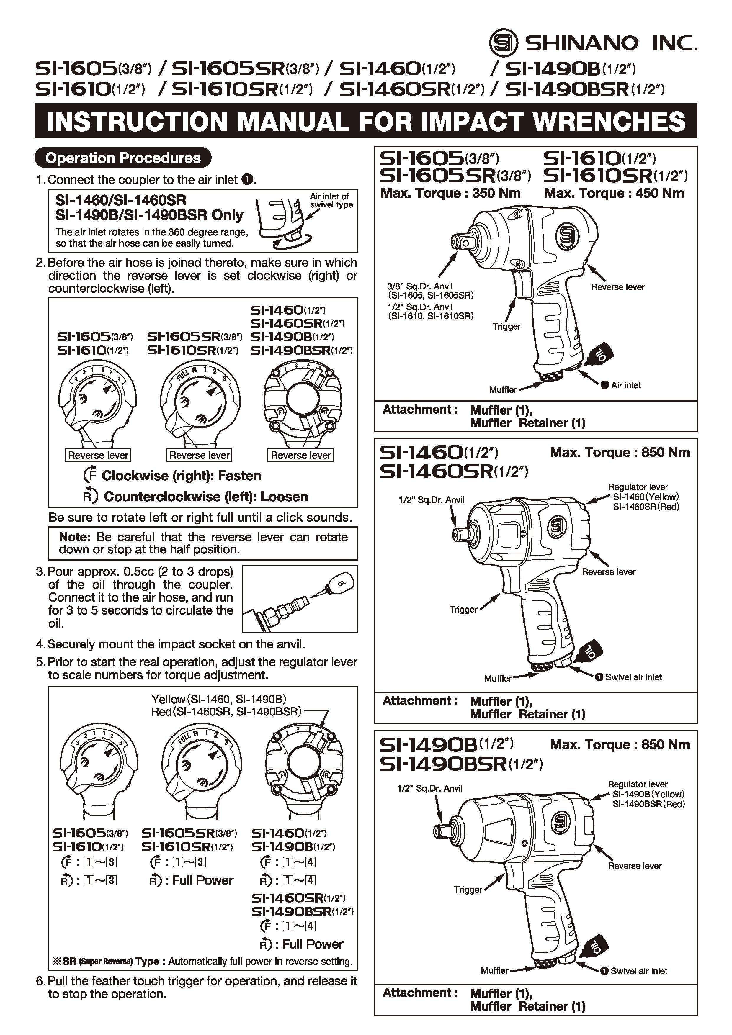 Instruction Manual for Impact Wrenches; SI-1606, SI-1605SR, SI-1460, SI-1490B, SI-1610, SI-1610SR, SI-1460SR, and SI-1490SR