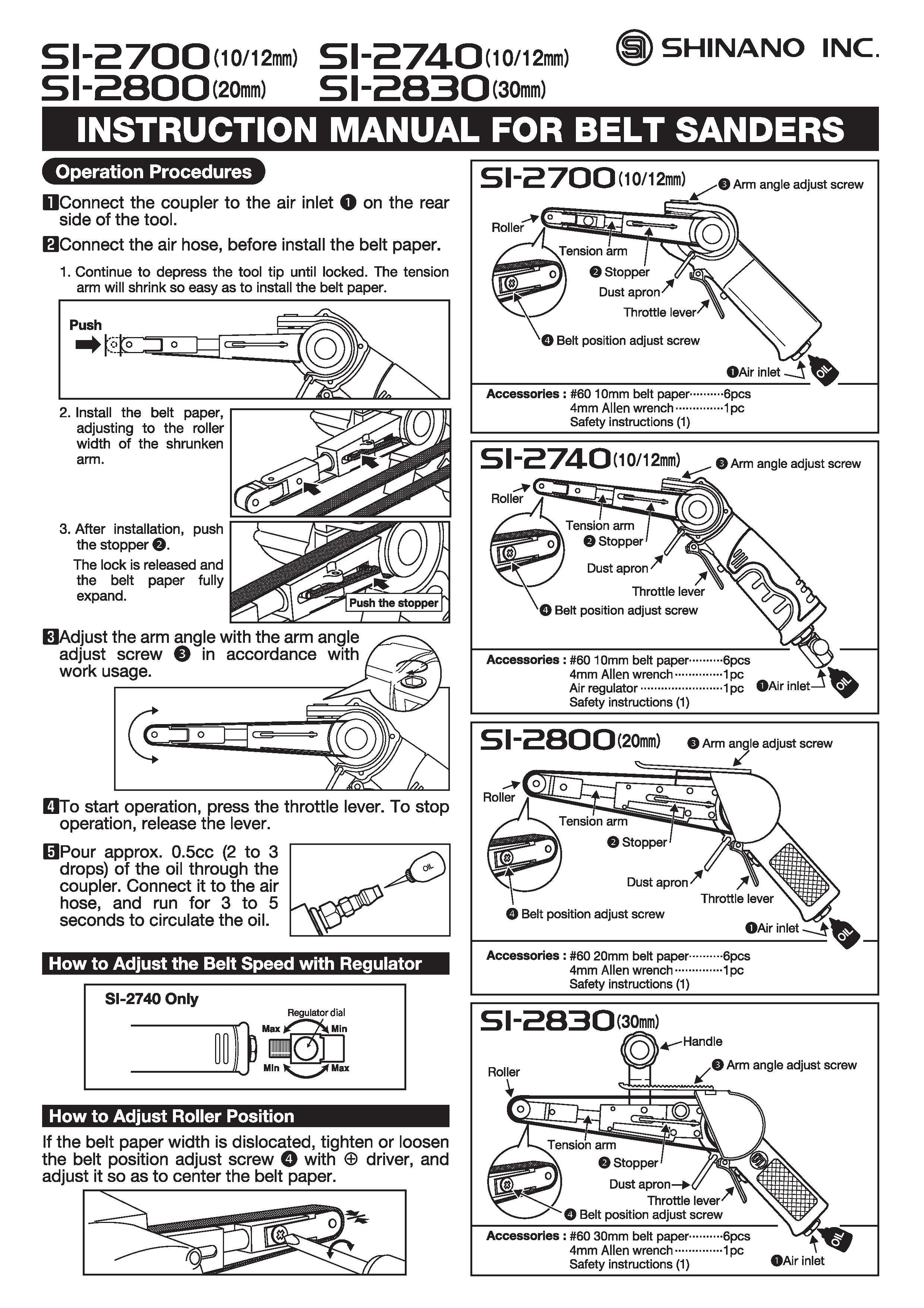 Instruction Manual for Belt Sanders | Shinano Inc