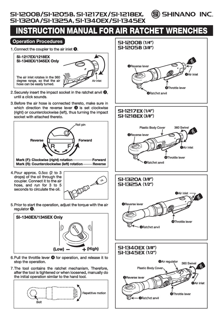 Instruction Manual for Air Ratchet Wrenches | Shinano Air Tools