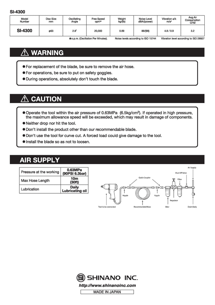 Oscillation Cutter Instruction Manual | SI-4300 | Air Tools | Shinano Inc